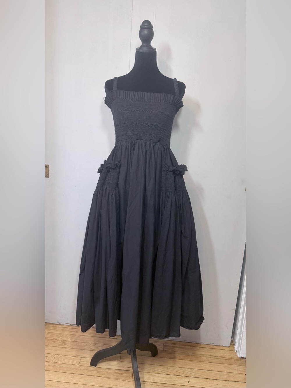 Black Smocked Cotton Maxi flare skirt dress Dress - Picture 3 of 5